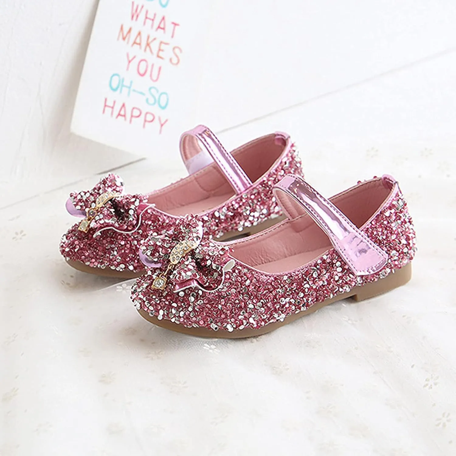 Girls Dress Shoes Glitter Mary Jane Pumps with Bow, Low Heel Party Wedding Princess Shoes for Toddler Big Kid