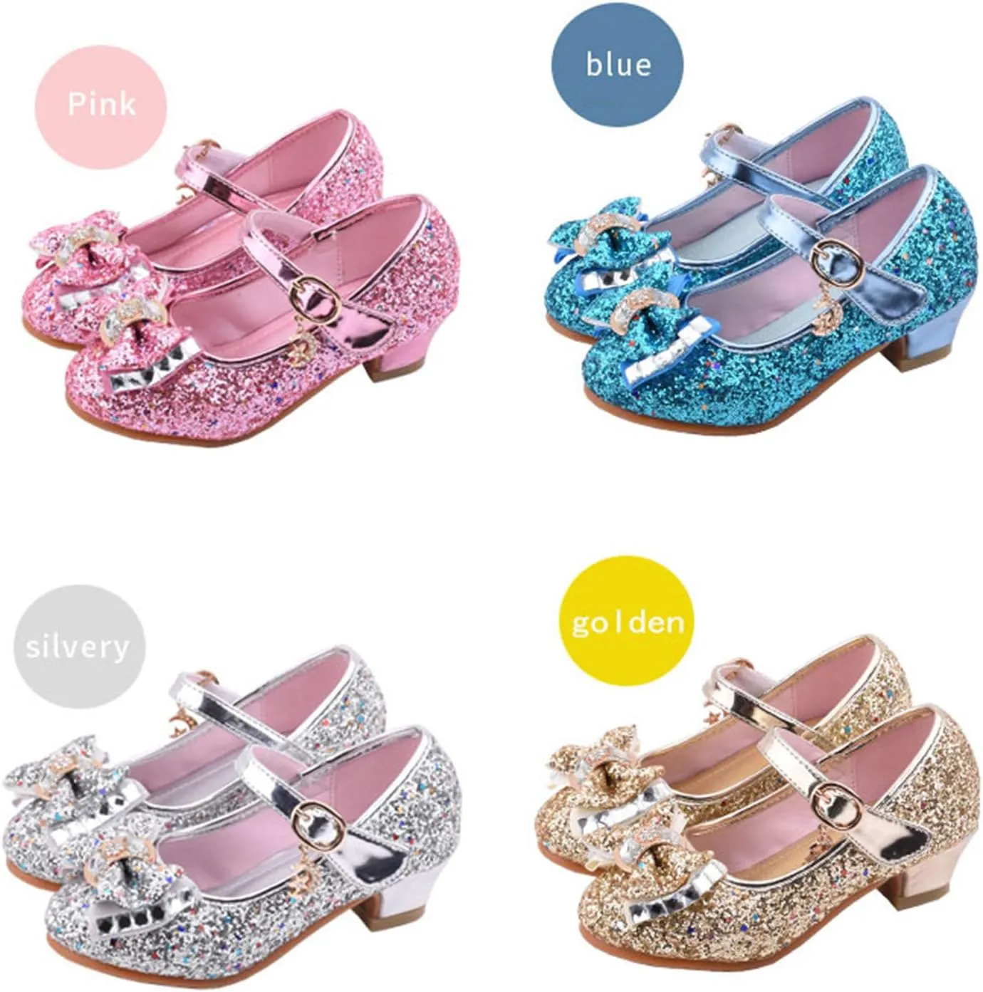Girls Dress Shoes Glitter Princess Shoe Flower Mary Jane Low Heels Party Birthday Prom Footwear for Toddler Kids