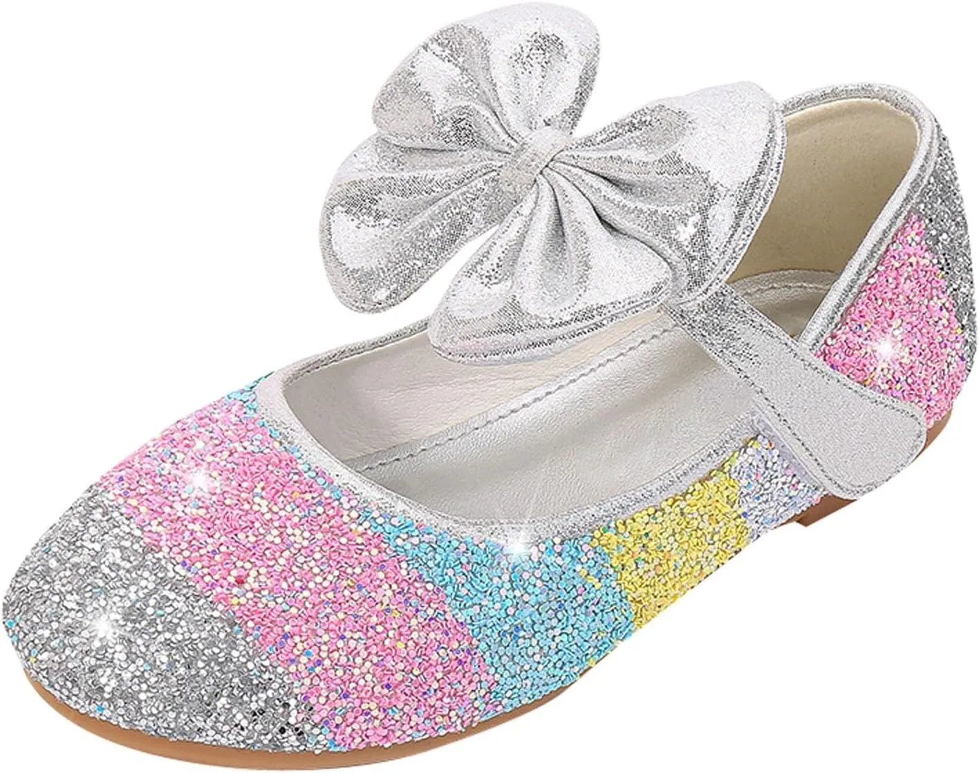 Girls Dress Shoes Glitter Wedding Prom Mary Jane Sparkly Ballet Flats for Kids Bow Princess Shoes for Dress-Up Party
