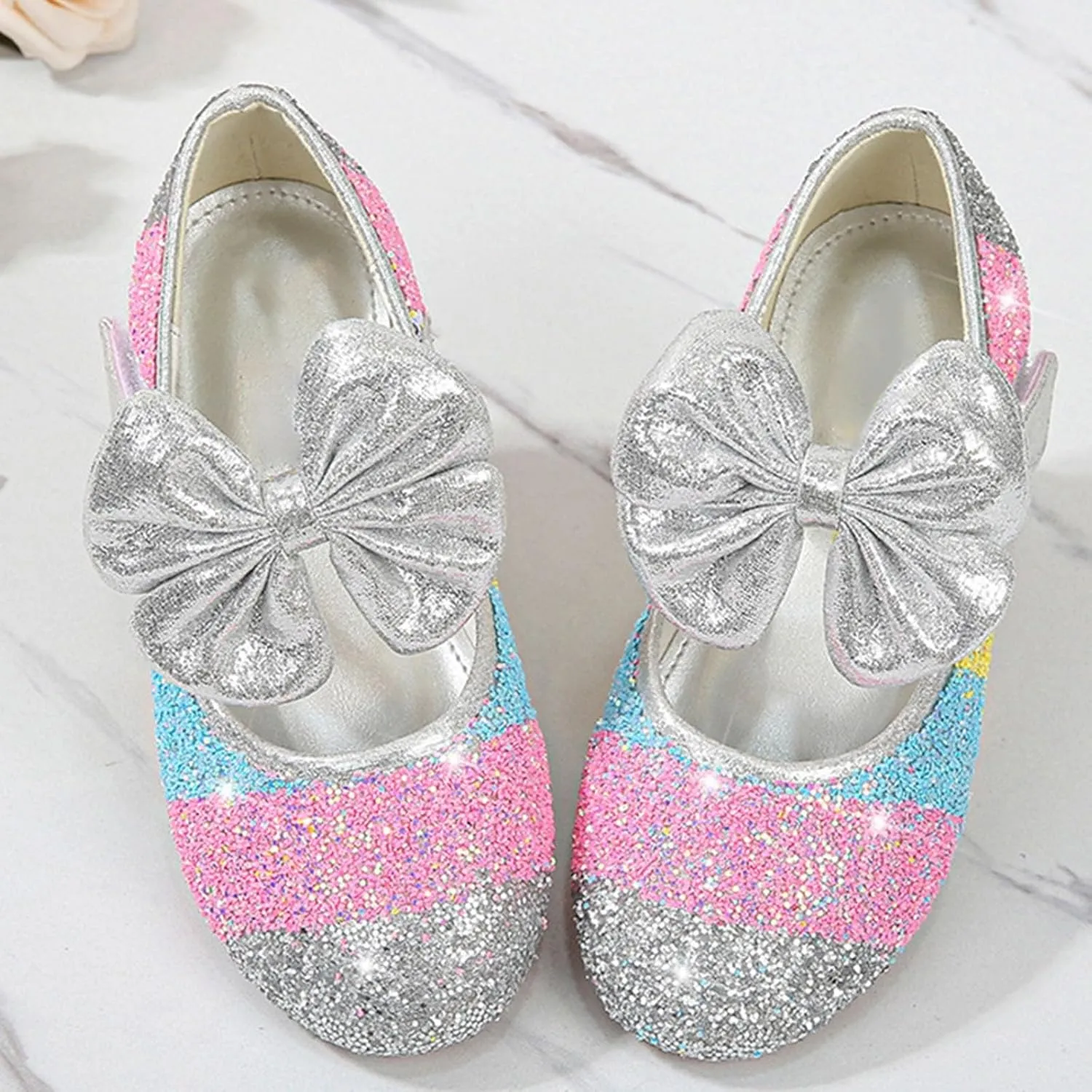 Girls Dress Shoes Glitter Wedding Prom Mary Jane Sparkly Ballet Flats for Kids Bow Princess Shoes for Dress-Up Party