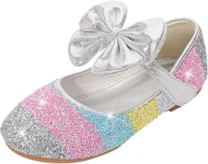 Girls Dress Shoes Glitter Wedding Prom Mary Jane Sparkly Ballet Flats for Kids Bow Princess Shoes for Dress-Up Party