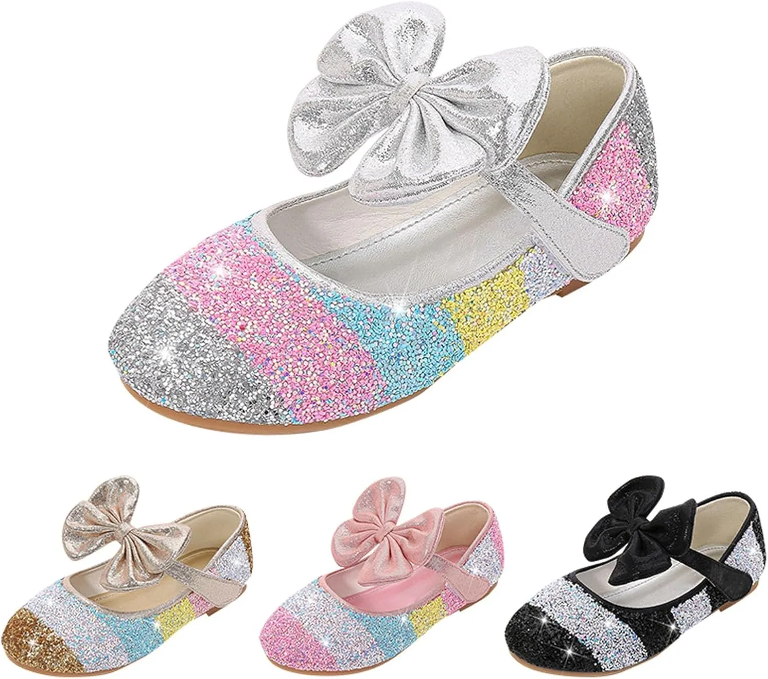 Girls Dress Shoes Glitter Wedding Prom Mary Jane Sparkly Ballet Flats for Kids Bow Princess Shoes for Dress-Up Party