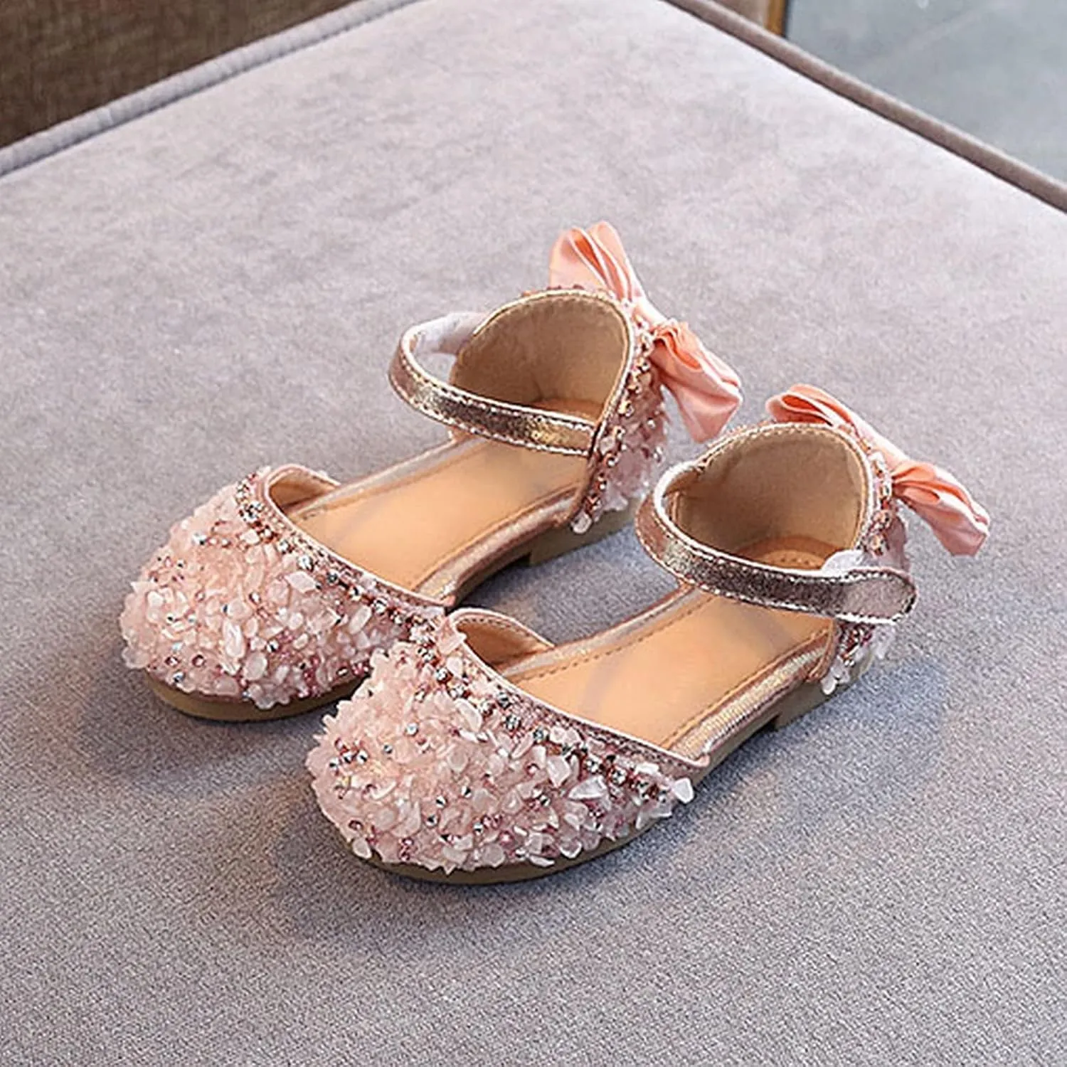 Girls Dress Shoes Mary Jane Wedding Flower Bridesmaids Heels Glitter Rhinestone Bow Princess Shoes for Kids Party