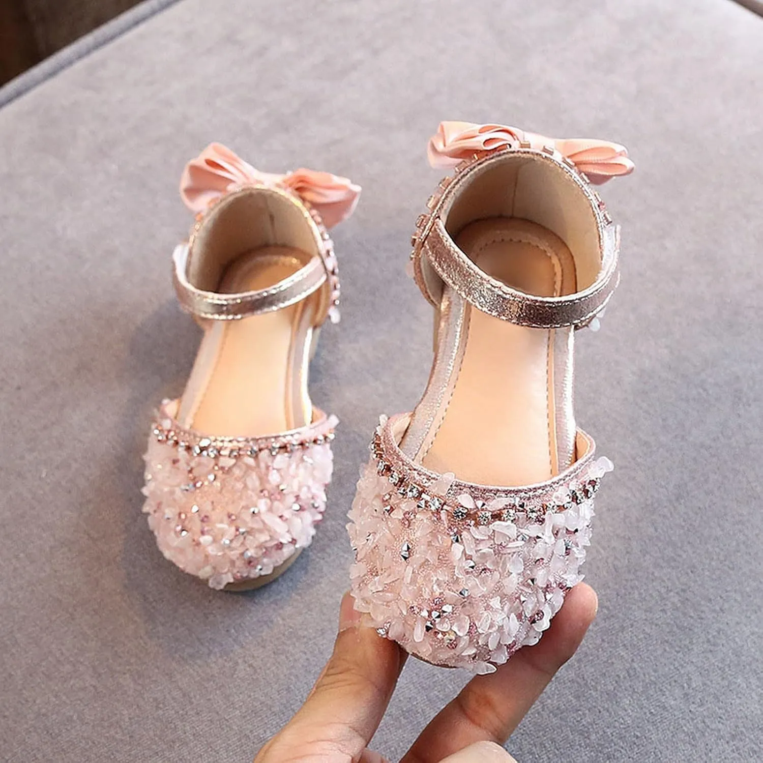 Girls Dress Shoes Mary Jane Wedding Flower Bridesmaids Heels Glitter Rhinestone Bow Princess Shoes for Kids Party