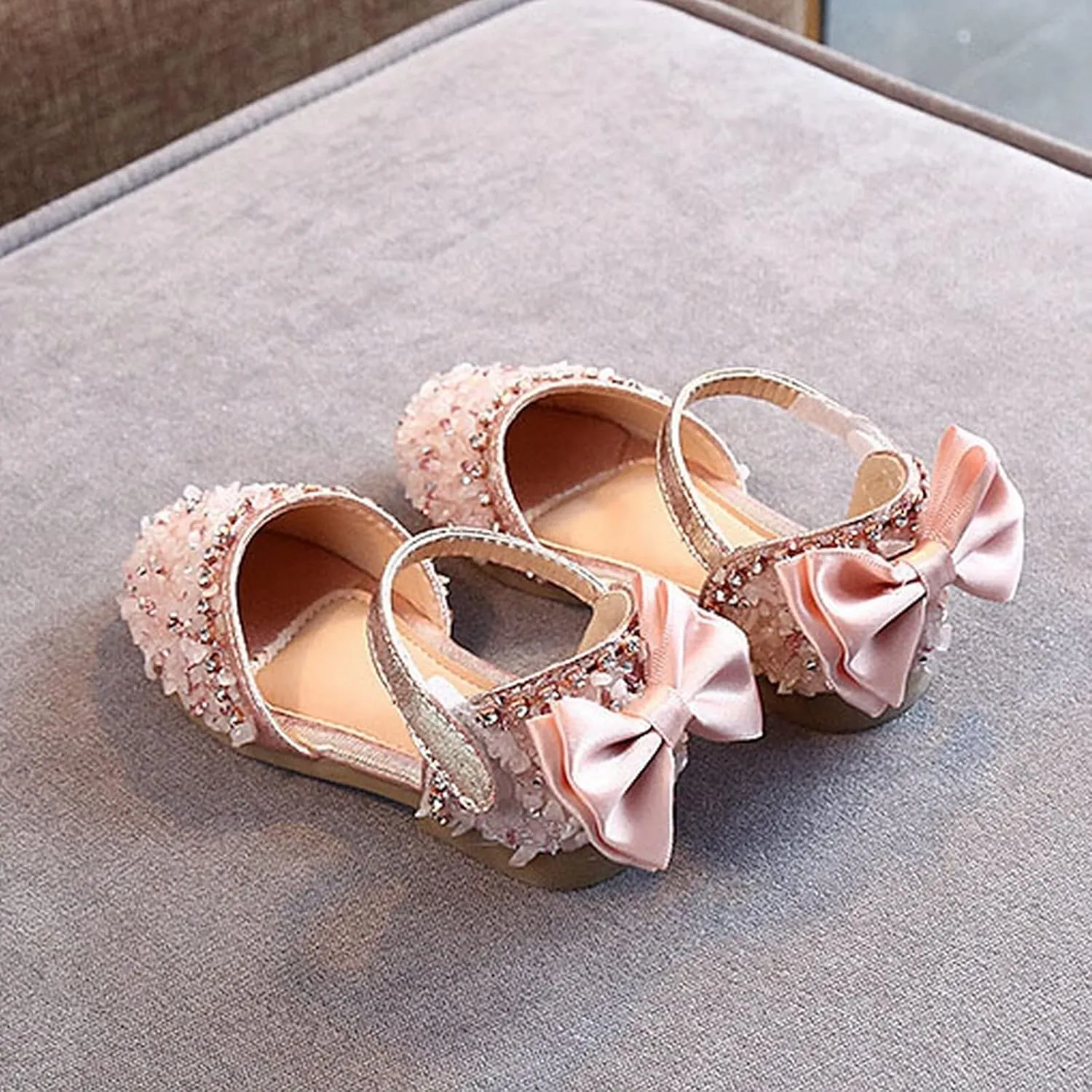 Girls Dress Shoes Mary Jane Wedding Flower Bridesmaids Heels Glitter Rhinestone Bow Princess Shoes for Kids Party