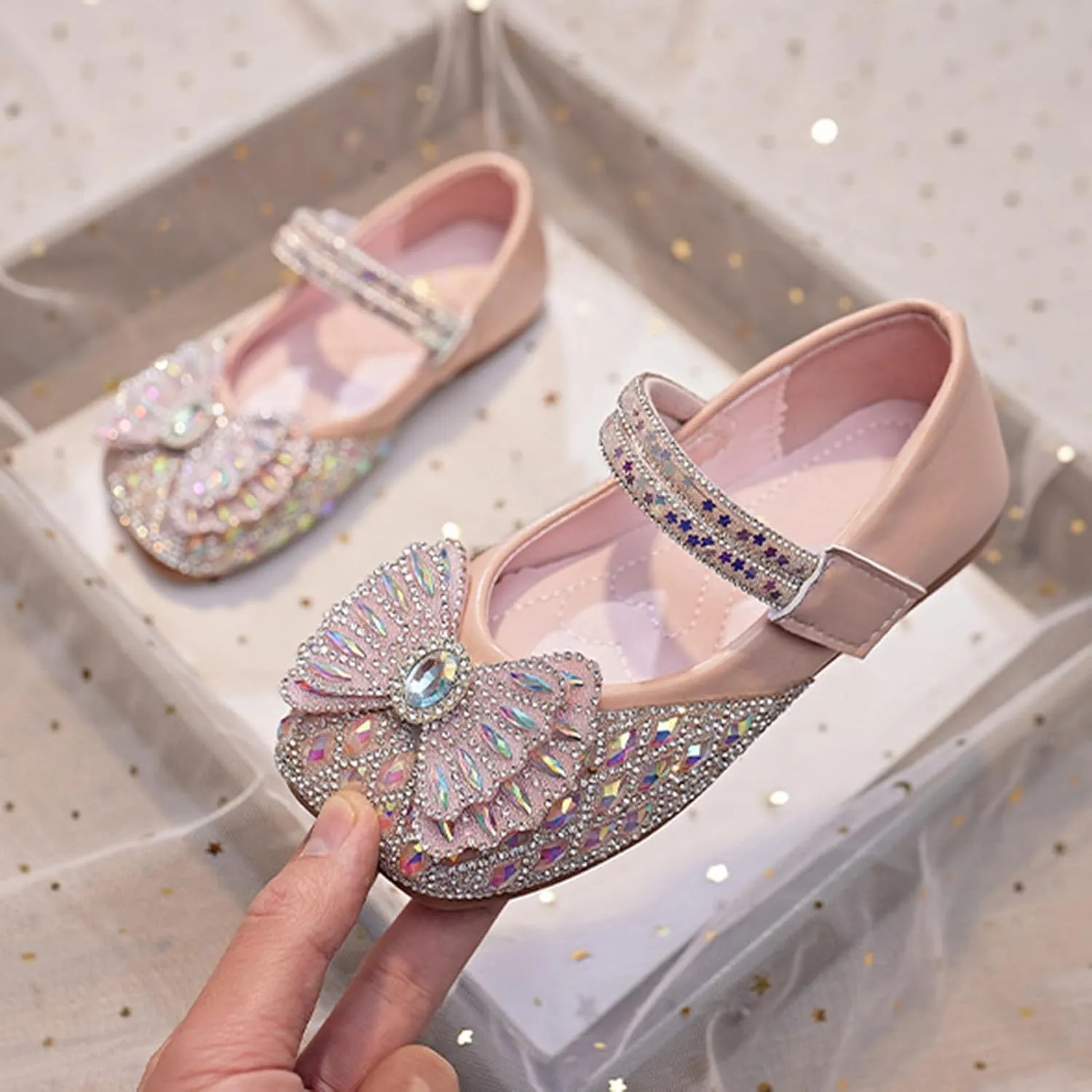 Girls Glitter Dress Shoes Bowknot Rhinestone Wedding Mary Jane Ballet Flats with Strap Kids Sequins Dance Sandals