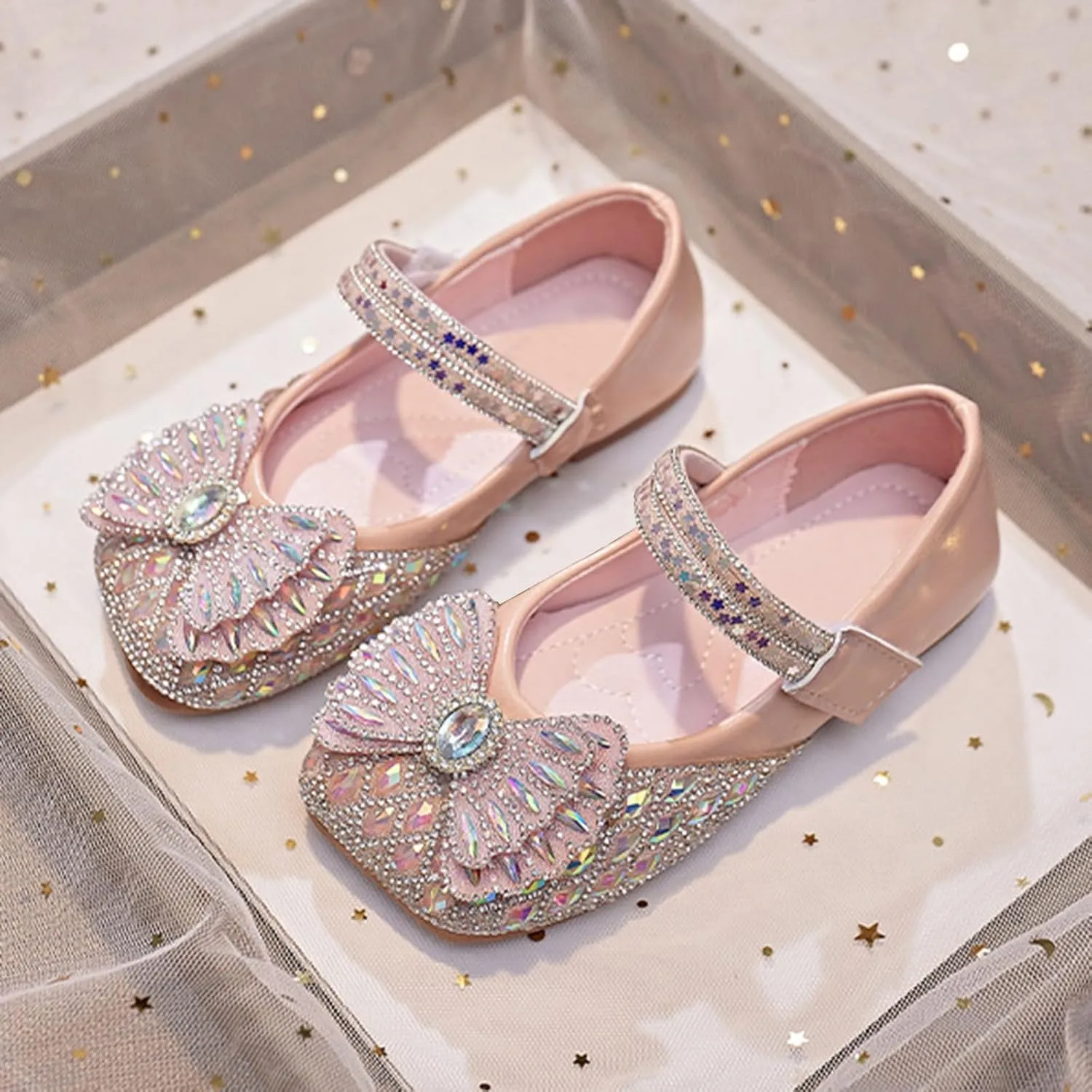 Girls Glitter Dress Shoes Bowknot Rhinestone Wedding Mary Jane Ballet Flats with Strap Kids Sequins Dance Sandals