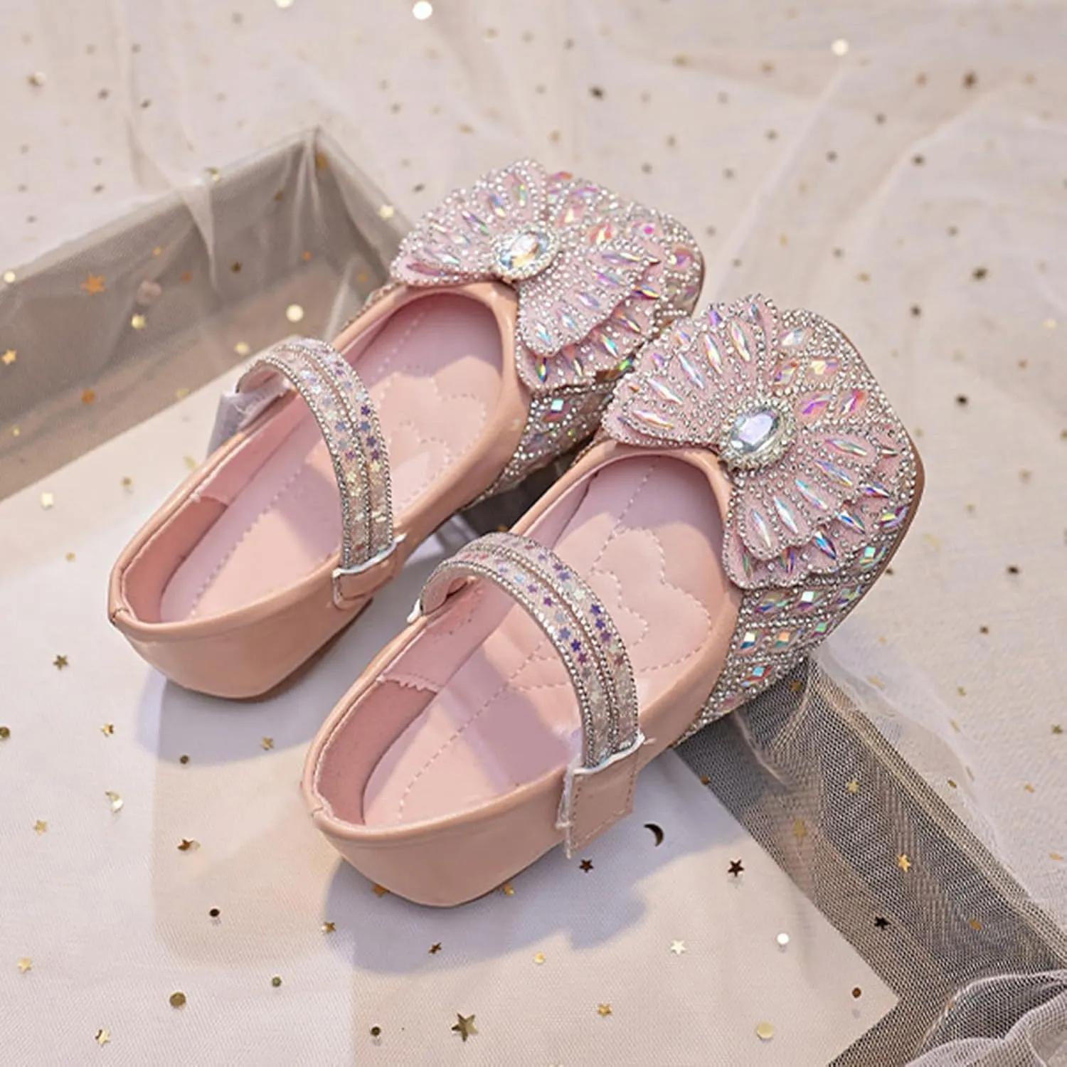 Girls Glitter Dress Shoes Bowknot Rhinestone Wedding Mary Jane Ballet Flats with Strap Kids Sequins Dance Sandals