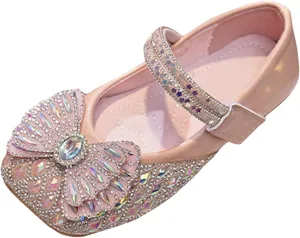 Girls Glitter Dress Shoes Bowknot Rhinestone Wedding Mary Jane Ballet Flats with Strap Kids Sequins Dance Sandals