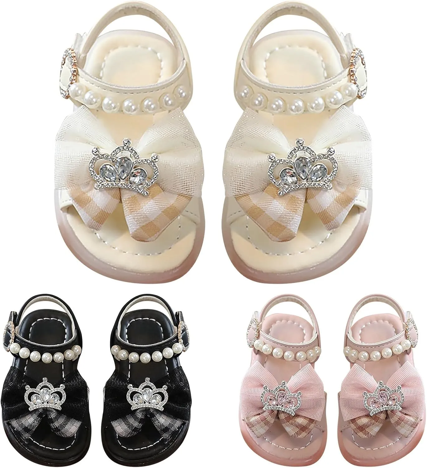 Girls Sandals Summer Soft Sole Flats Pearl Bow Sparkly Crown Decoration Shoes Kids Princess Dress Shoes for Wedding