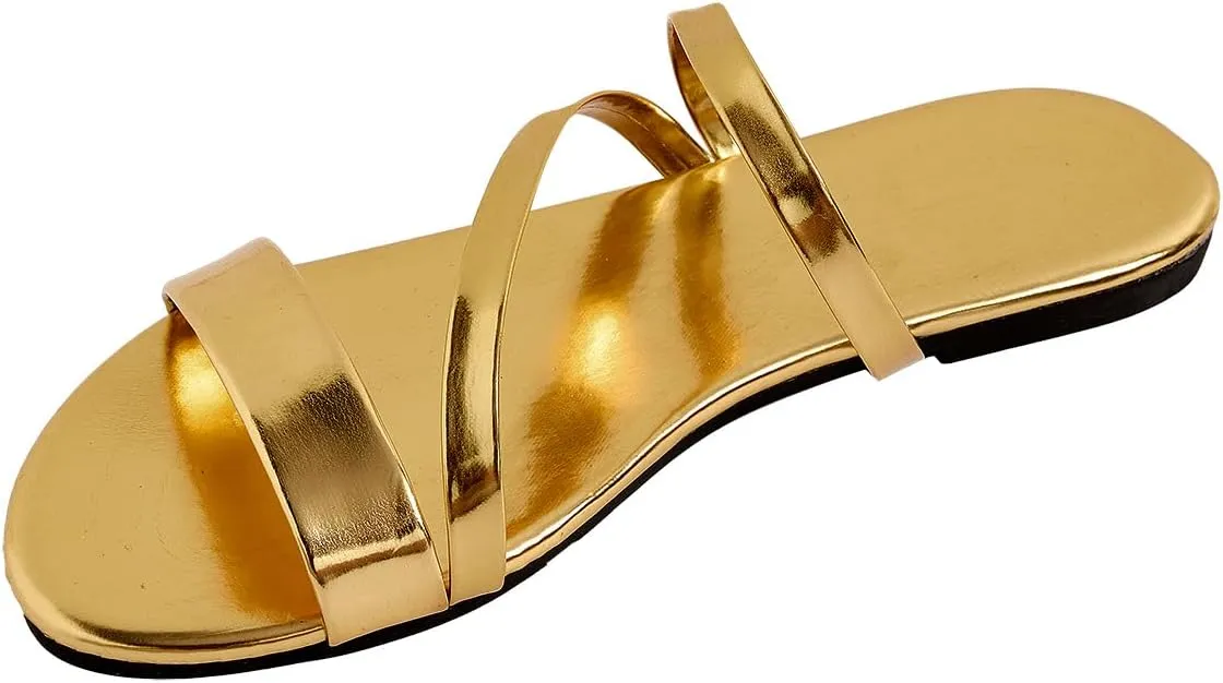 GORGLITTER Women's Metallic Strappy Open Toe Flat Sandal PU Leather Summer Slides Sandals