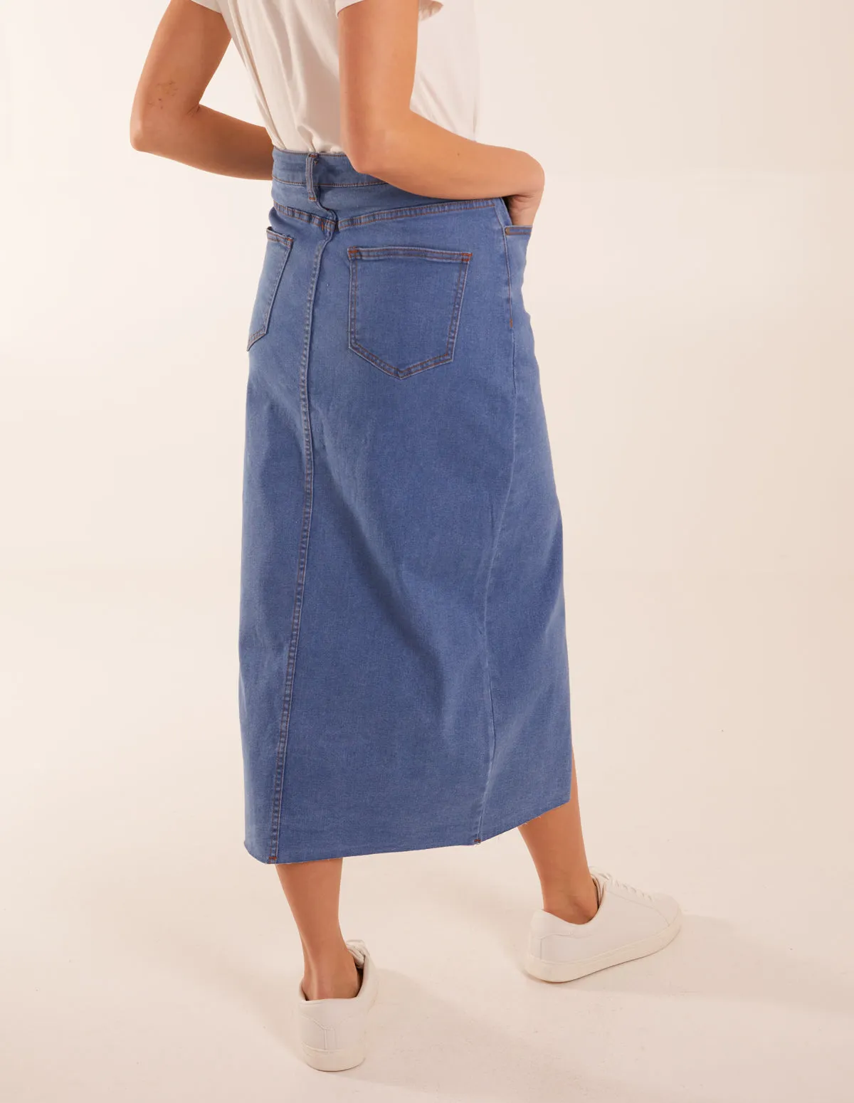High Rise Denim Maxi Skirt