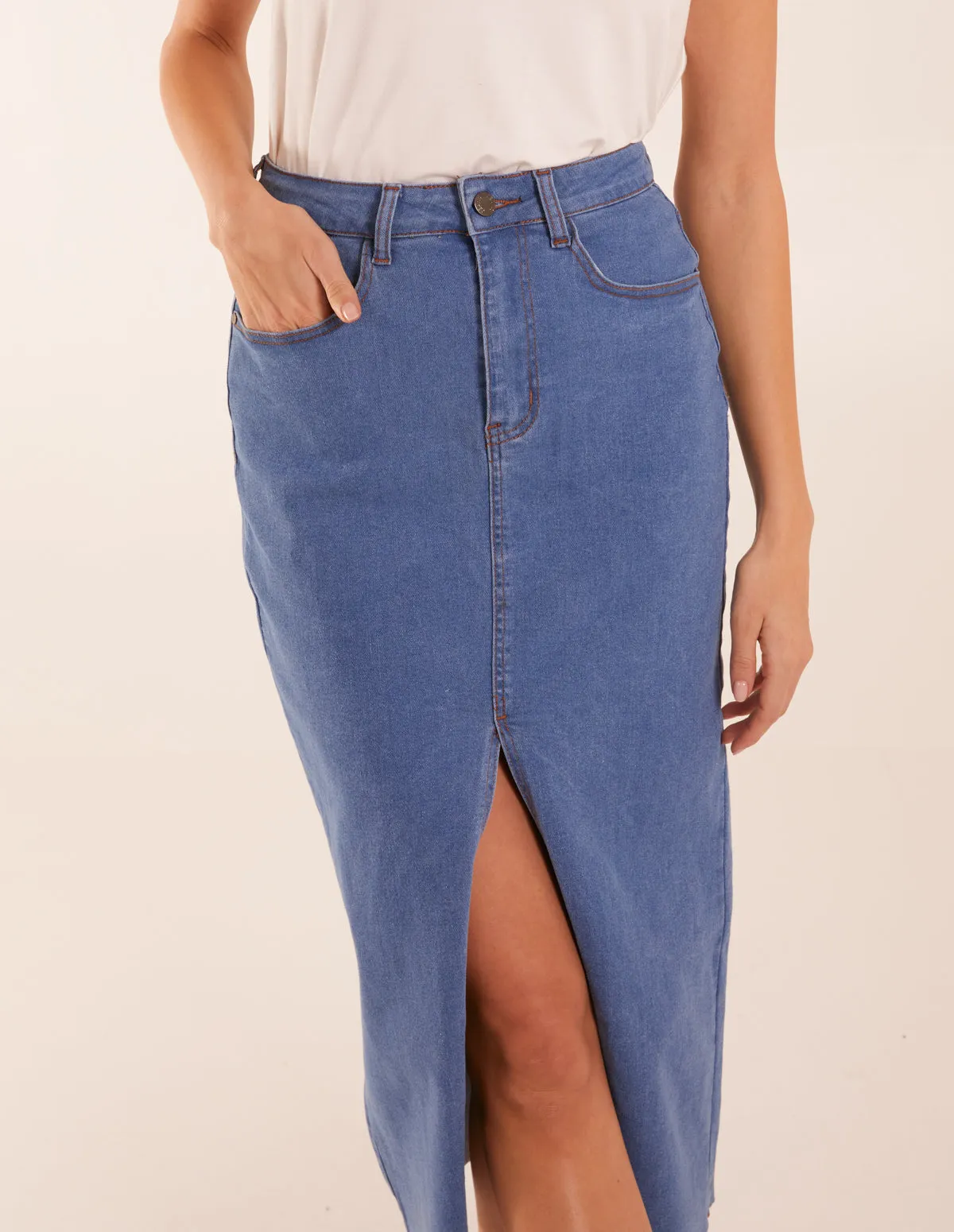 High Rise Denim Maxi Skirt