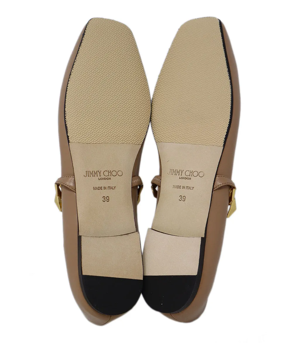 Jimmy Choo Tan Leather & Gold Chain Flats sz 9