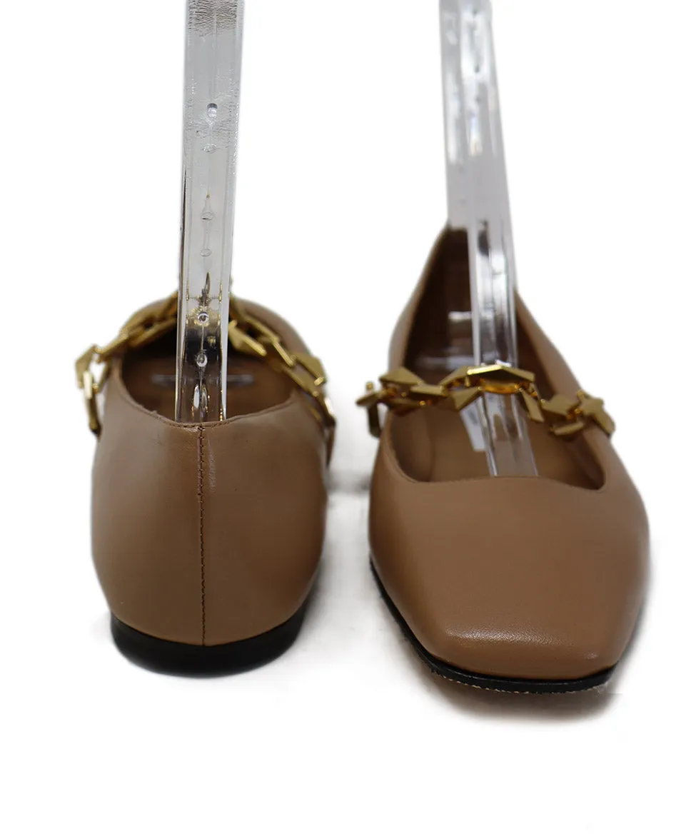 Jimmy Choo Tan Leather & Gold Chain Flats sz 9