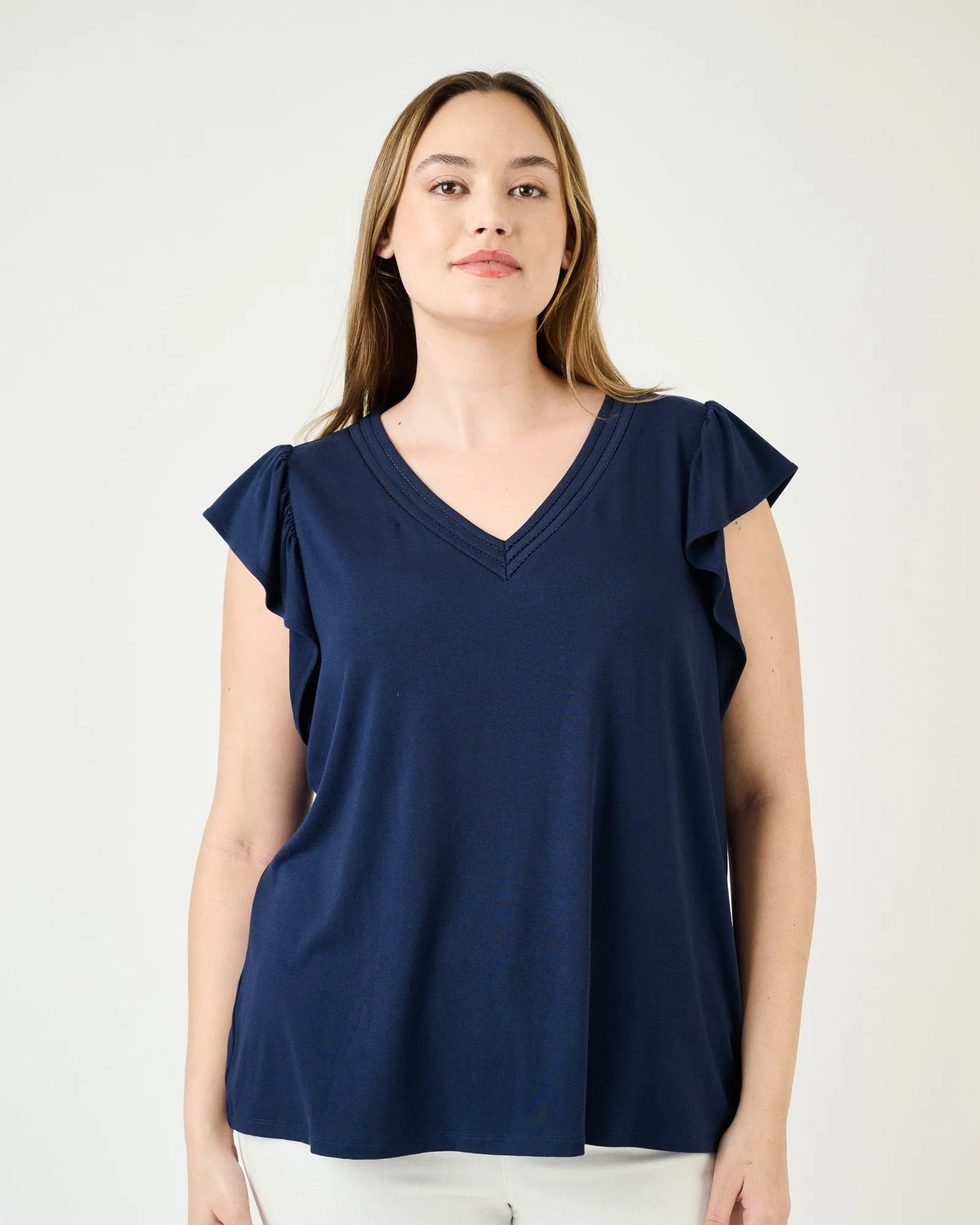 Kyra Ruffle Sleeve V-Neck Top | INDIGO