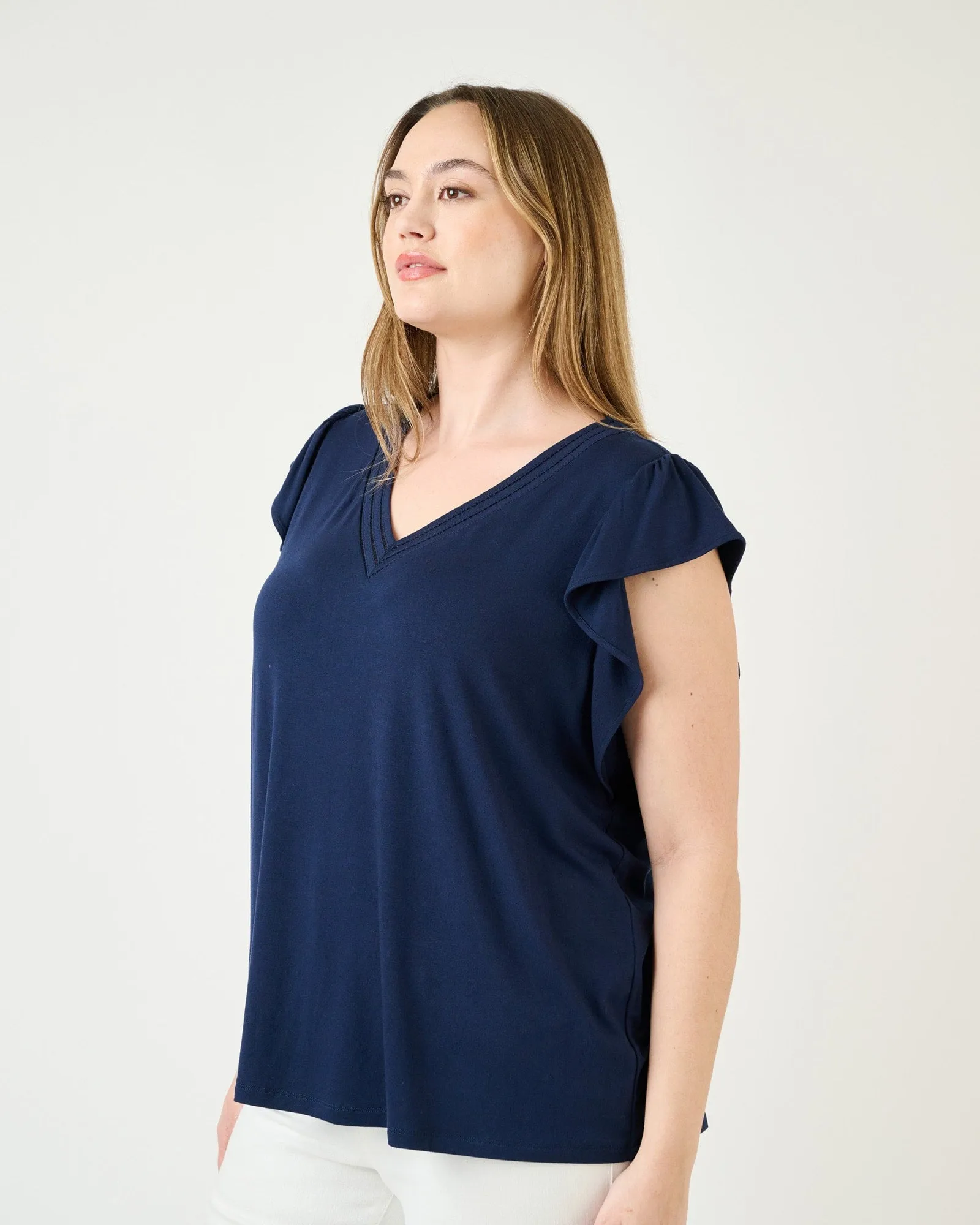 Kyra Ruffle Sleeve V-Neck Top | INDIGO