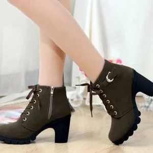 Low Chunky Heels Side Zipper Lace Up Short Boots