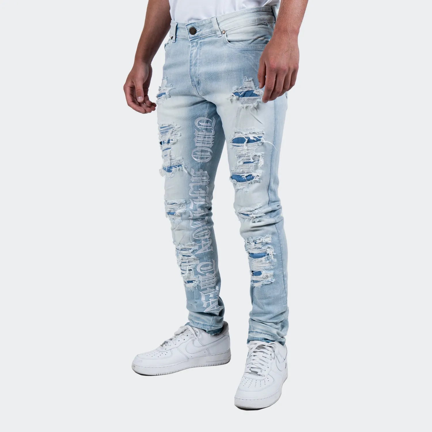 Men's TWO MILL TWENTY "Bosworth" Script Embroidered Denim Jeans Light Wash