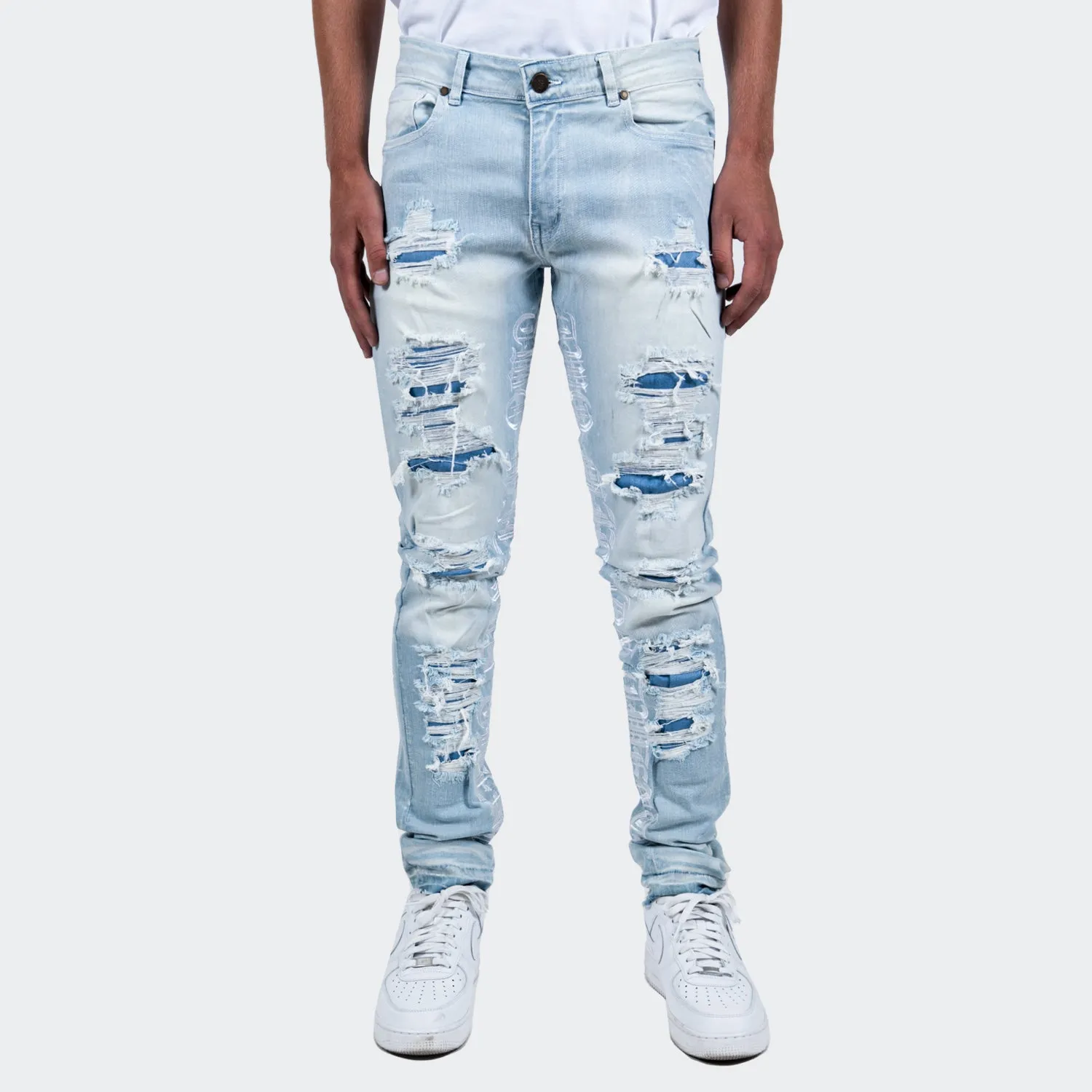 Men's TWO MILL TWENTY "Bosworth" Script Embroidered Denim Jeans Light Wash