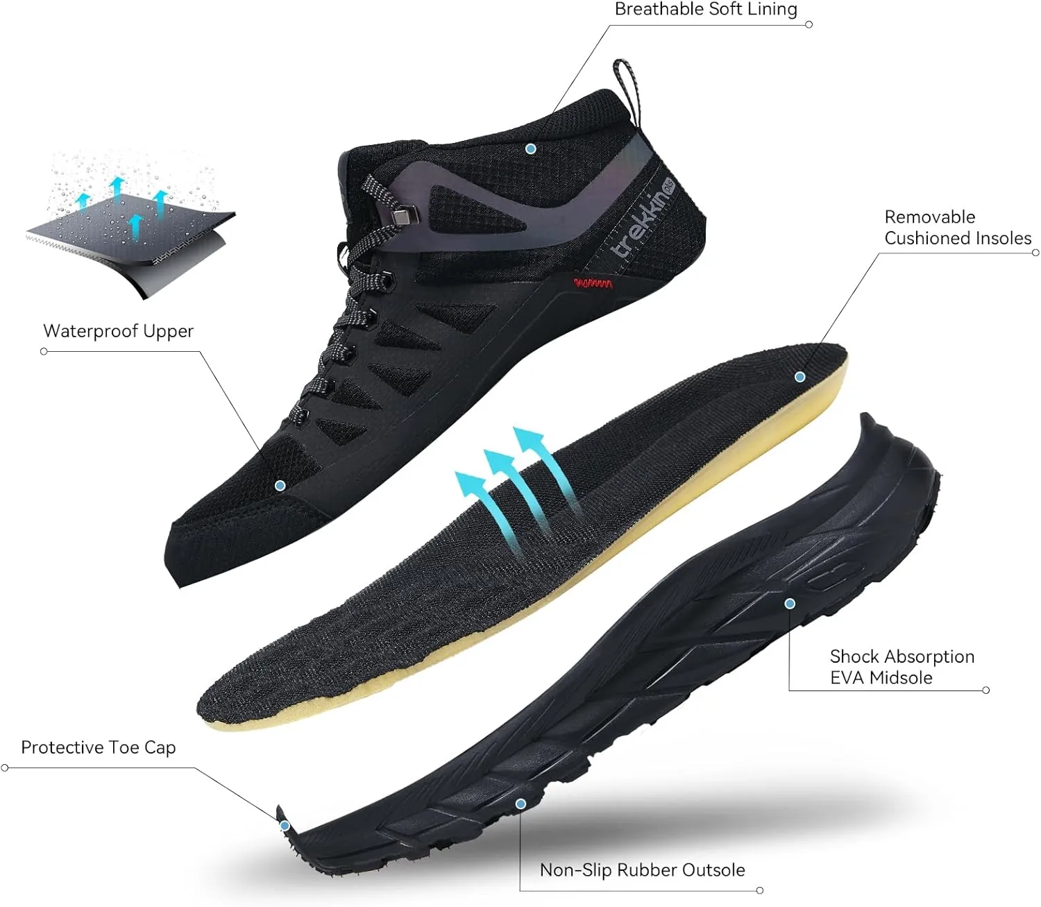 Men's Waterproof Walking Shoes Lightweight Water Resistant Sneakers Cushion Sole Boots for Work All Day Trekking Ankle High Camping Trails Hiking Boot