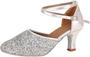 Mid Heels Sandals for Womens Latin Dance Shoes Heeled Ballroom Tango Shoes Party Sequin Dance Shoes Buckle Mid Heels