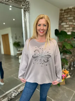 Mocha Diamante Flower Sweat Top Elsie