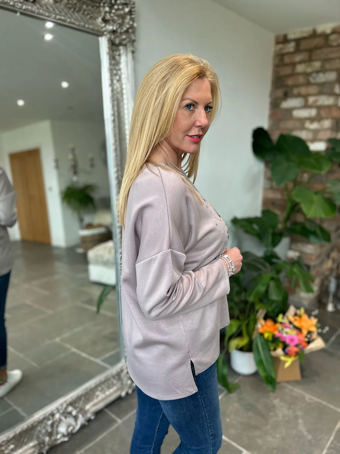 Mocha Diamante Flower Sweat Top Elsie