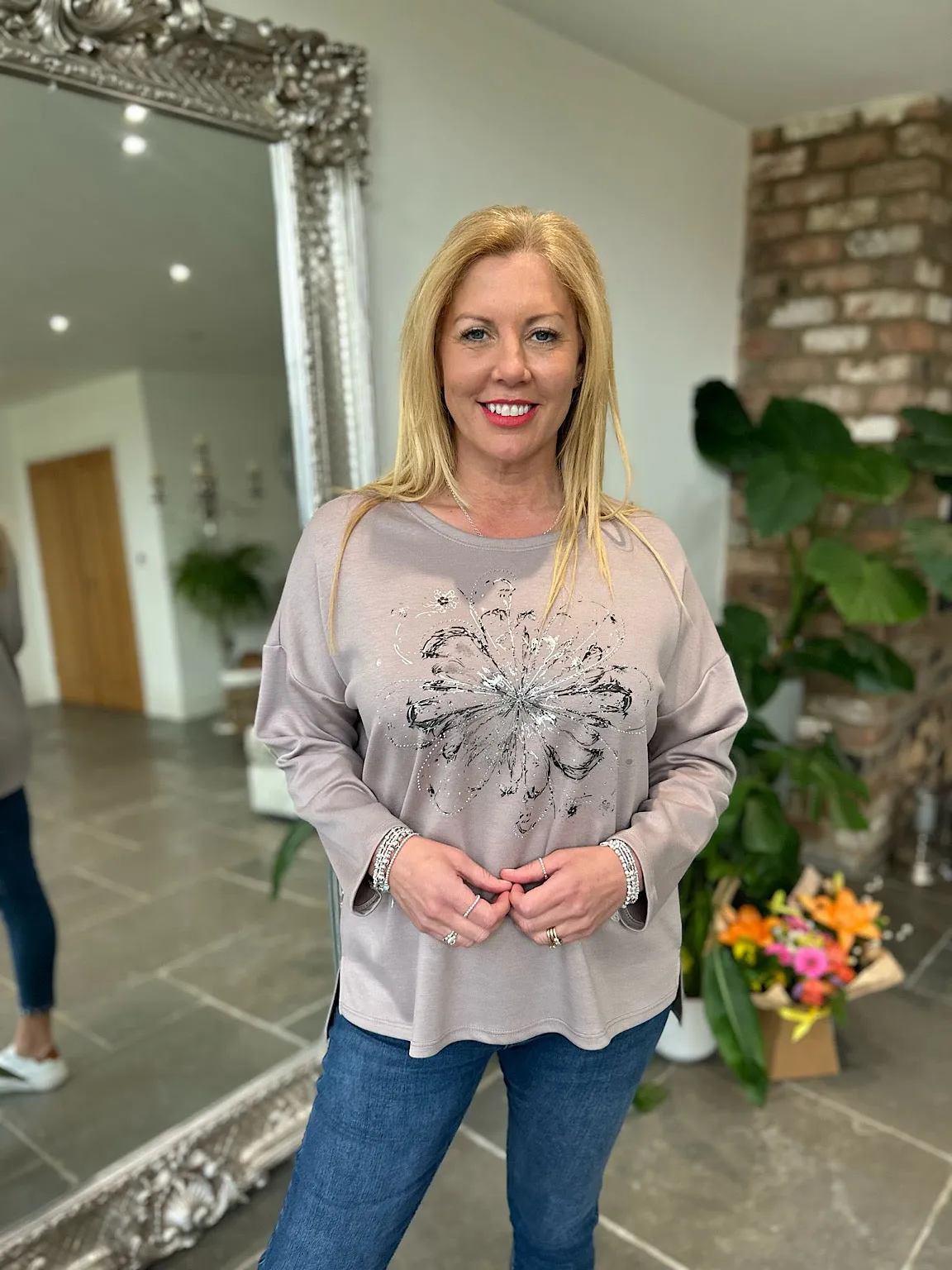 Mocha Diamante Flower Sweat Top Elsie