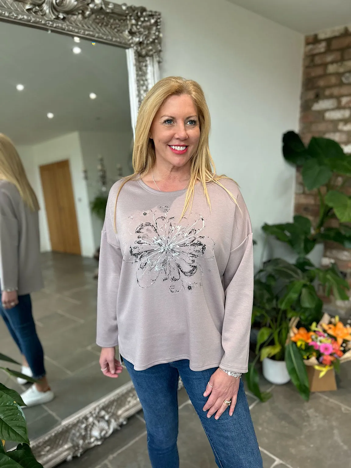 Mocha Diamante Flower Sweat Top Elsie