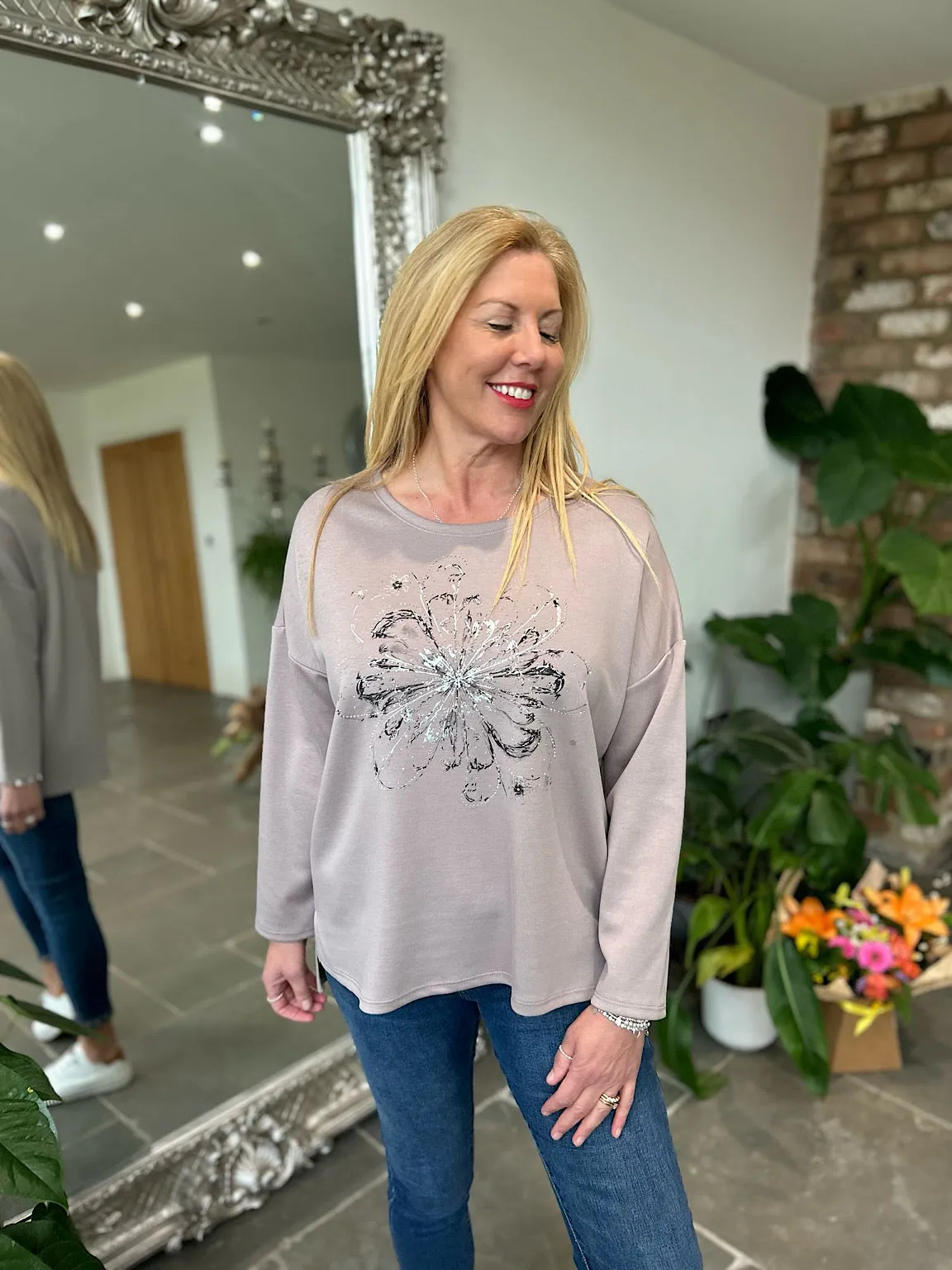Mocha Diamante Flower Sweat Top Elsie