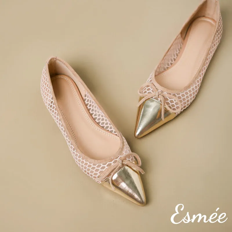 Net Fabrics Flats with Golden Toe Cap and Bow Knot