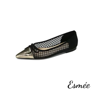 Net Fabrics Flats with Golden Toe Cap and Bow Knot