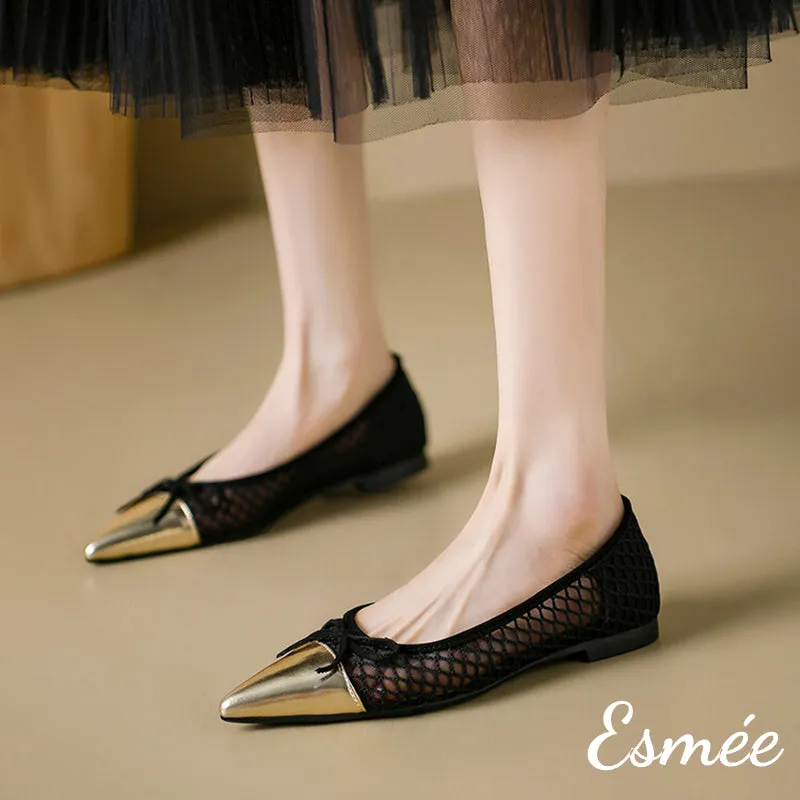 Net Fabrics Flats with Golden Toe Cap and Bow Knot