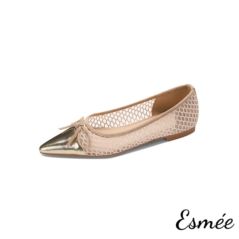 Net Fabrics Flats with Golden Toe Cap and Bow Knot