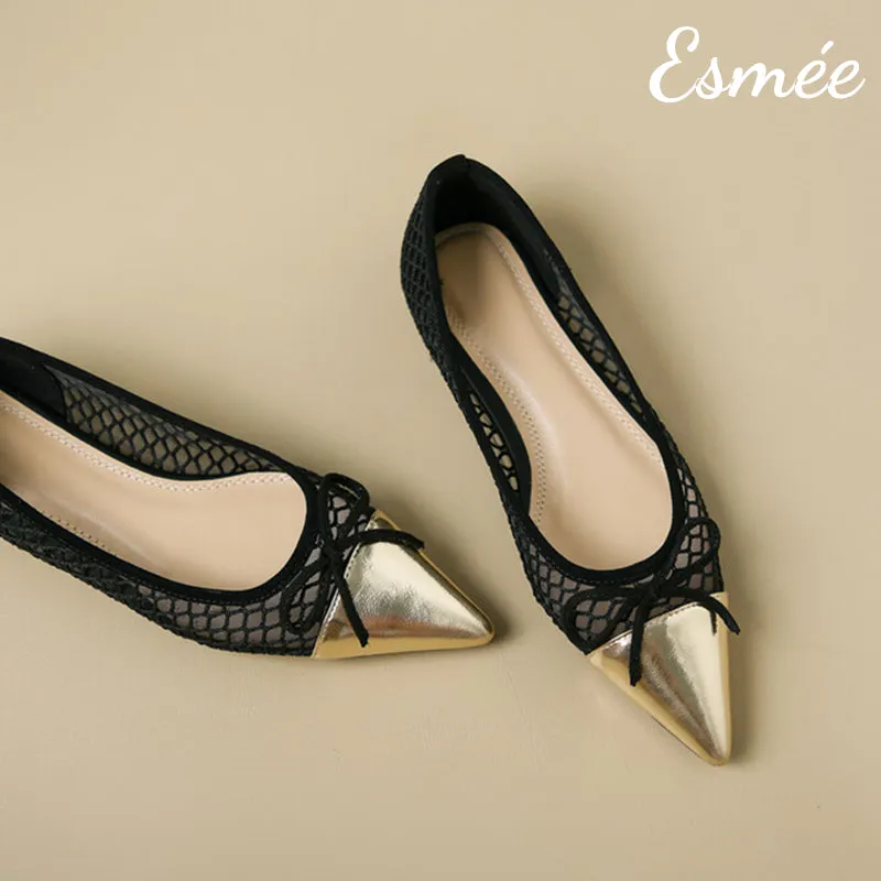 Net Fabrics Flats with Golden Toe Cap and Bow Knot