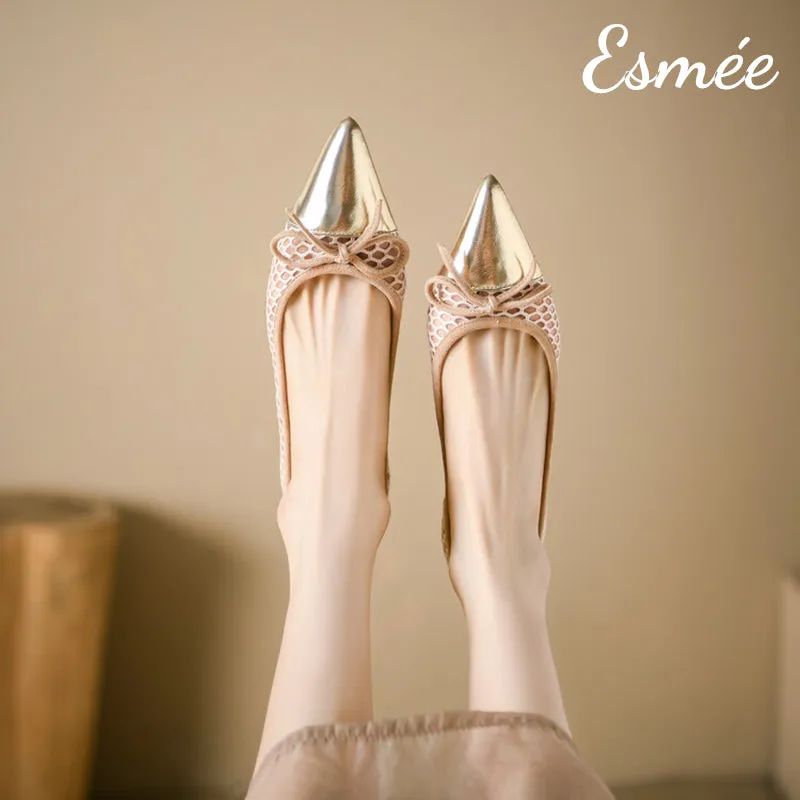 Net Fabrics Flats with Golden Toe Cap and Bow Knot