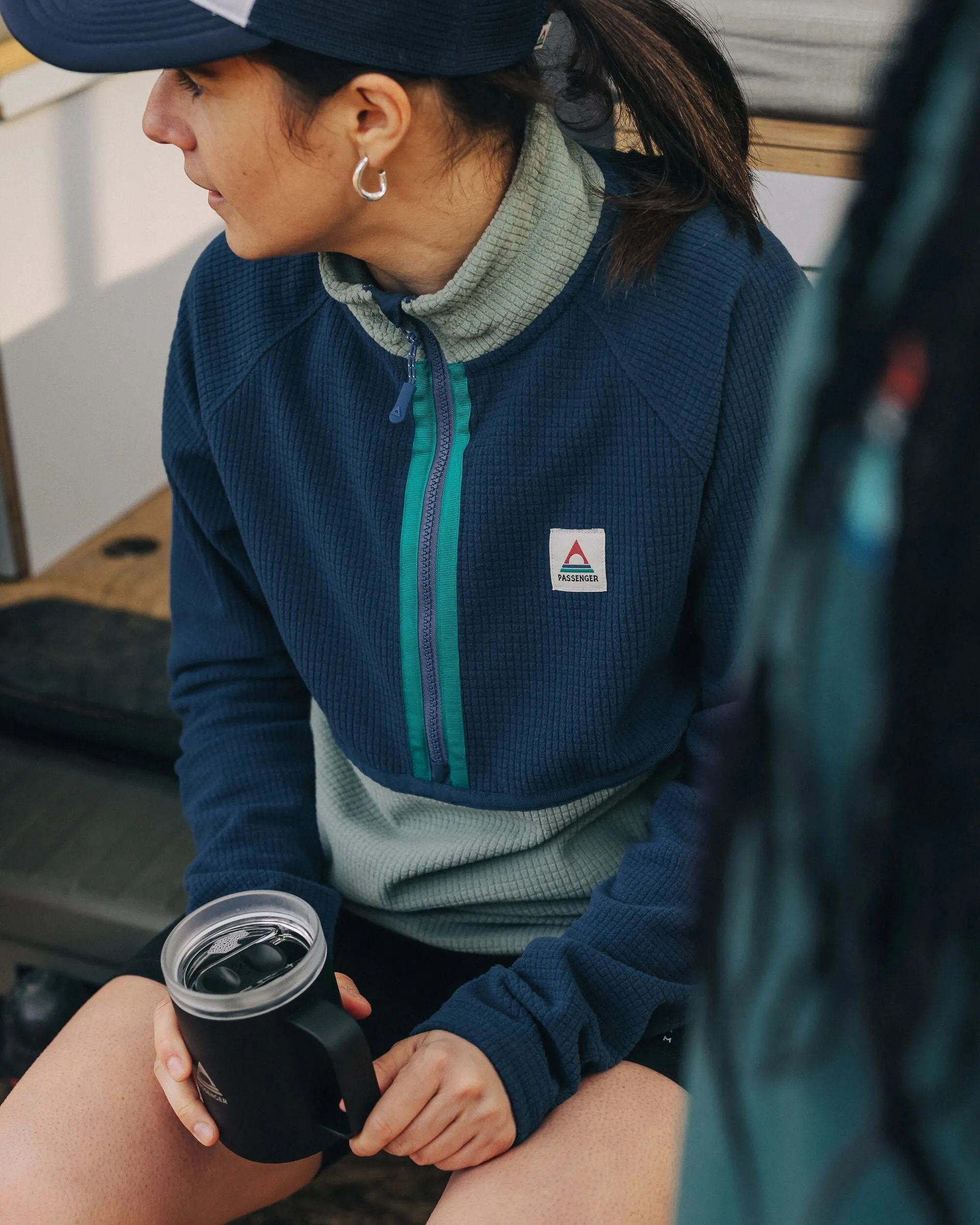 Off Trail Recycled Grid Polar Fleece - Pistachio/Dark Denim