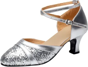 oiangi Womens Glitter Latin Dance Shoes Fashion Sequins Ballroom Salsa Tango Professional Performance Practice Dancing Shoes Trendy Ankle Straps Buckle Sandals