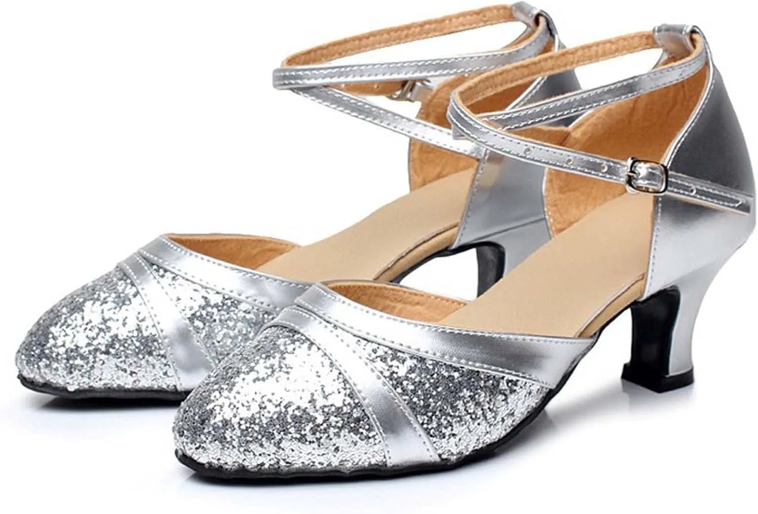 oiangi Womens Glitter Latin Dance Shoes Fashion Sequins Ballroom Salsa Tango Professional Performance Practice Dancing Shoes Trendy Ankle Straps Buckle Sandals