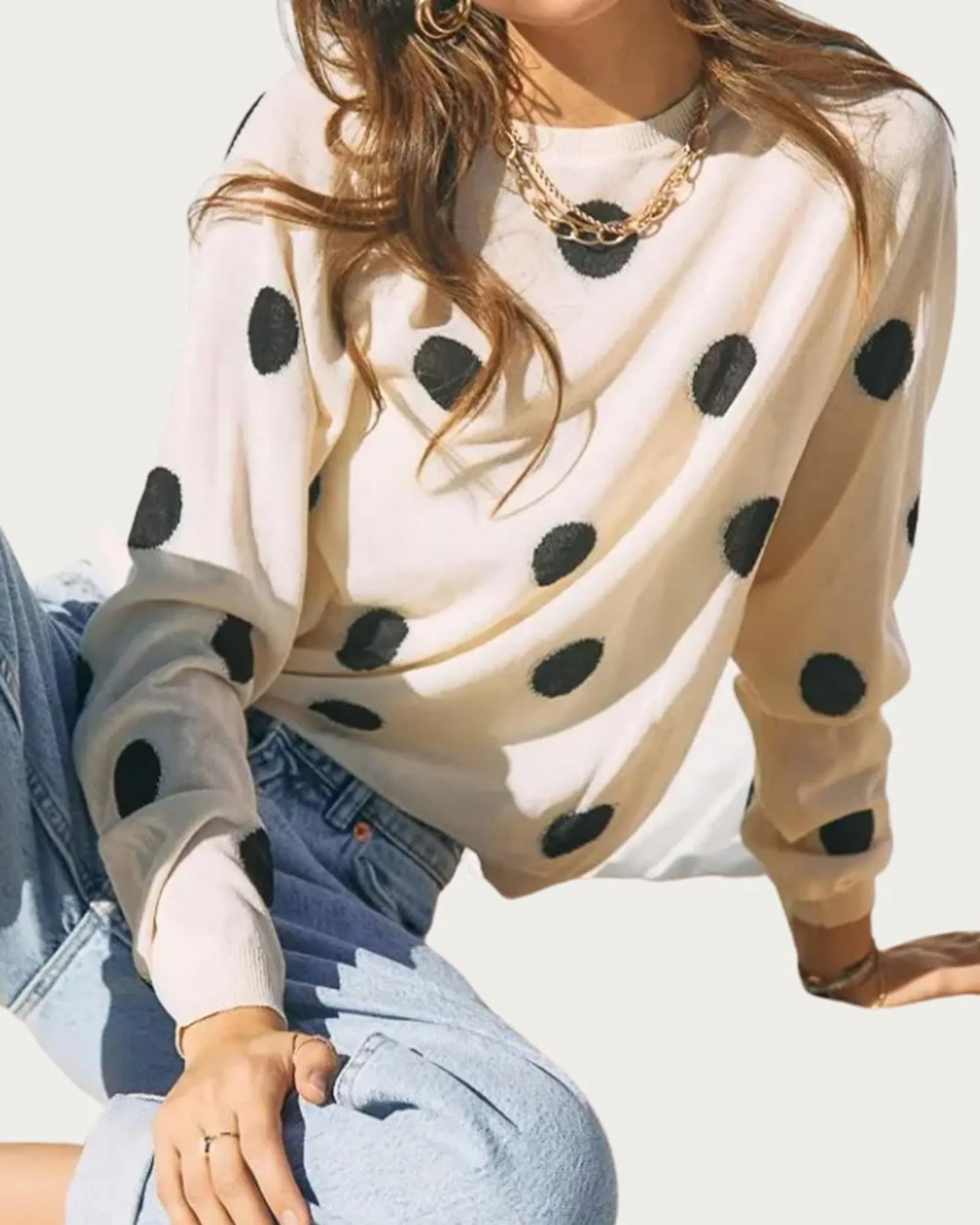 Polka-Dot Intarsia Knit Top in Off White/Black | Off White/Black