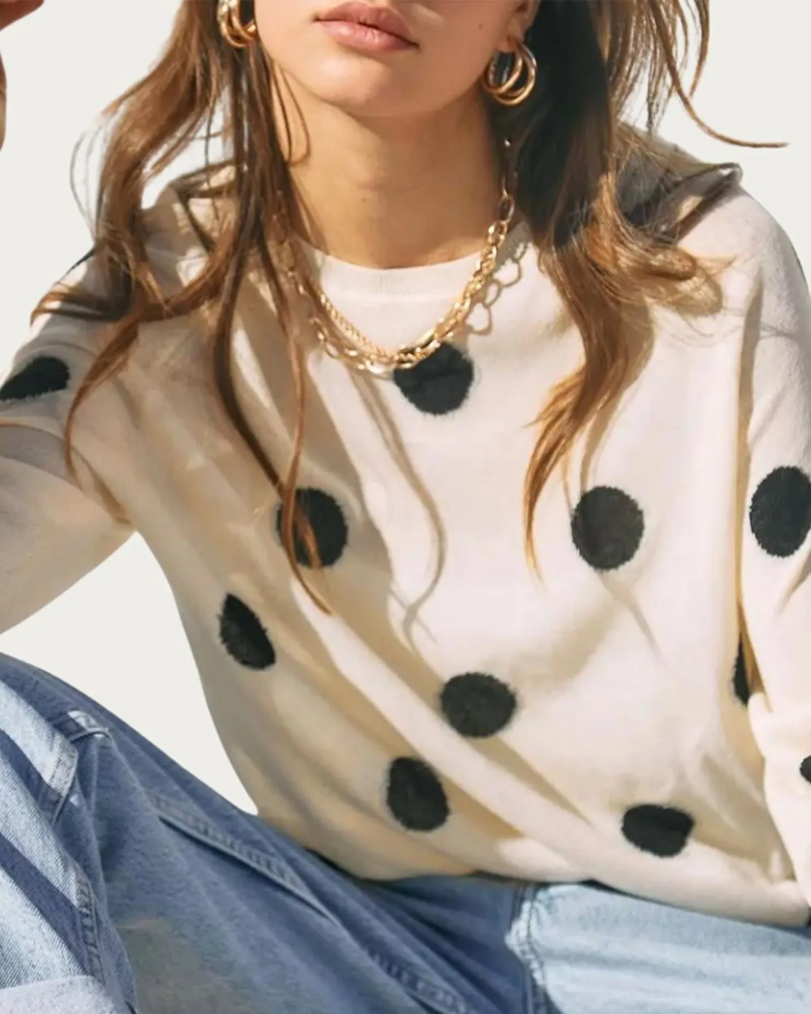 Polka-Dot Intarsia Knit Top in Off White/Black | Off White/Black
