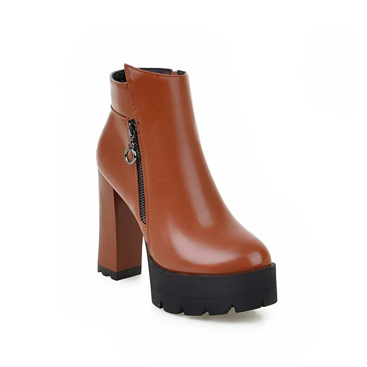 PU Pure Color Chunky Heel Round Toe Zipper High Heels