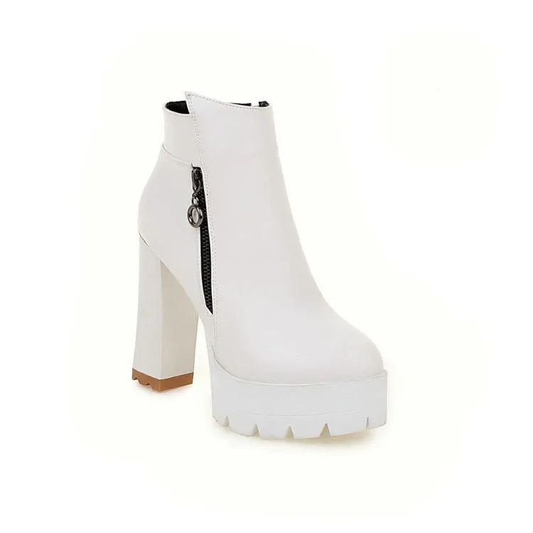 PU Pure Color Chunky Heel Round Toe Zipper High Heels