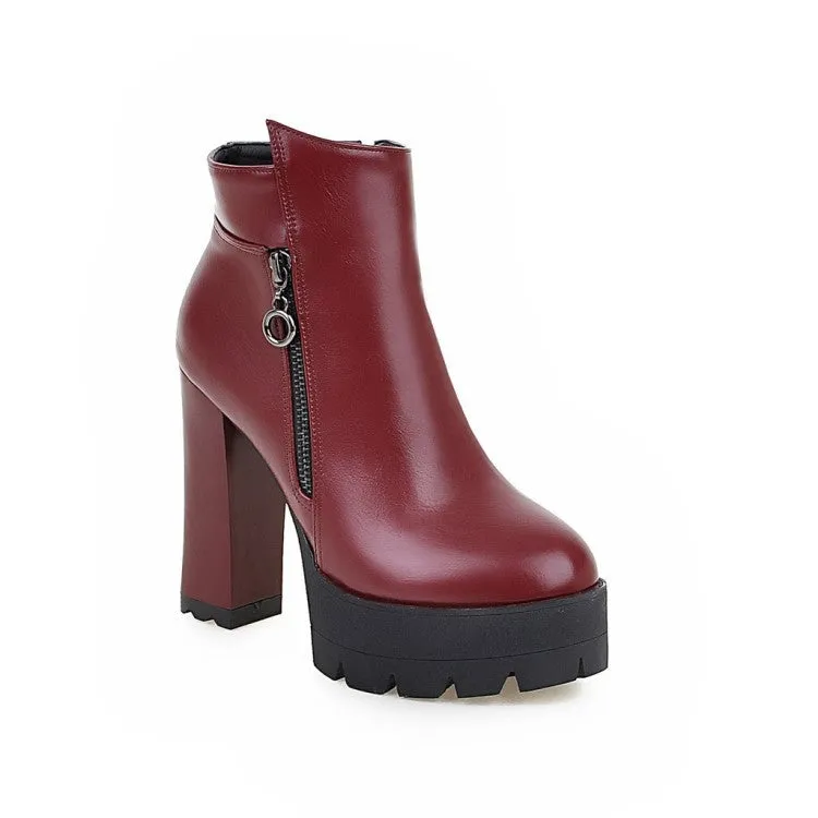 PU Pure Color Chunky Heel Round Toe Zipper High Heels