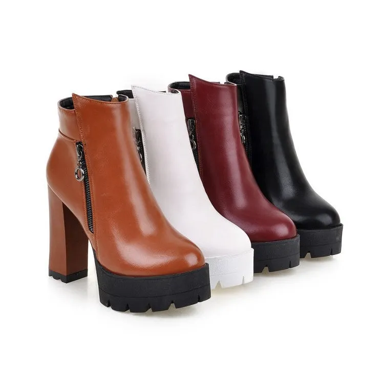 PU Pure Color Chunky Heel Round Toe Zipper High Heels