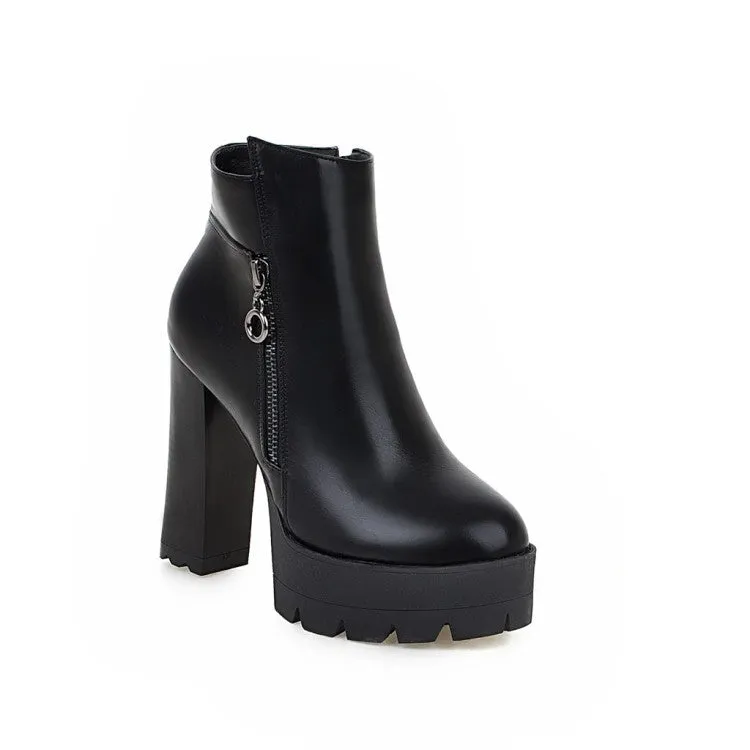 PU Pure Color Chunky Heel Round Toe Zipper High Heels