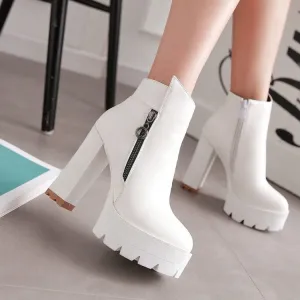 PU Pure Color Chunky Heel Round Toe Zipper High Heels