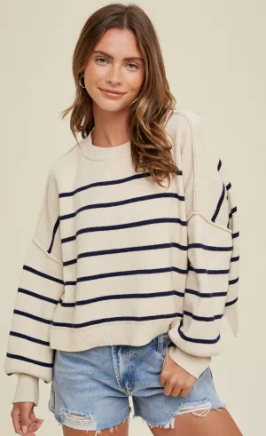 relaxed crop stripe sweater - cream/navy