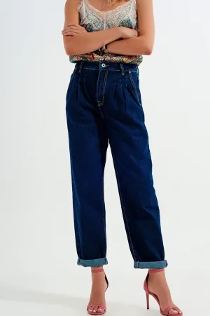 Relaxed Fit Pleat Front Jeans In Dark Blue